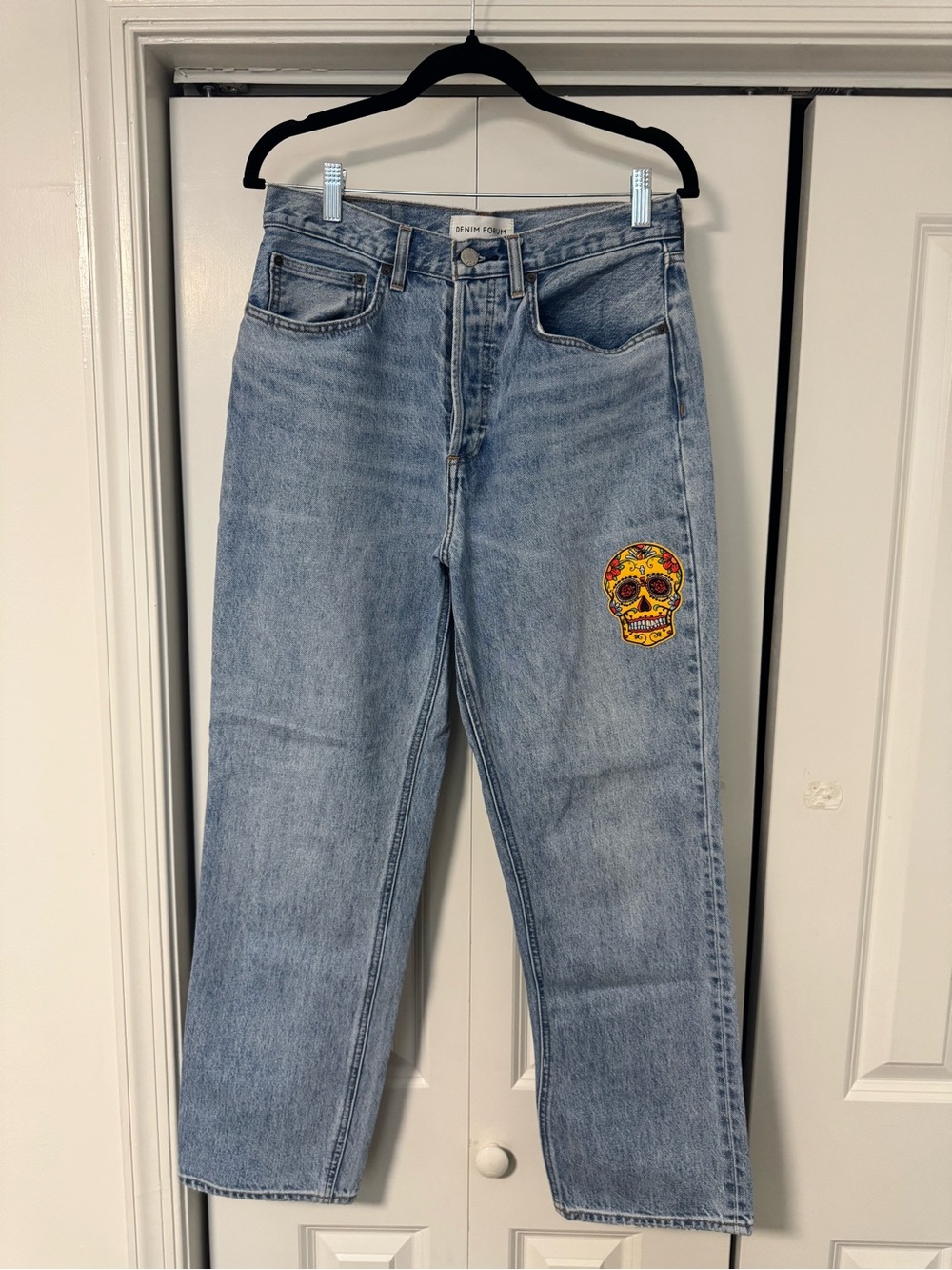 Denim Forum Light Blue Straight Leg Jeans with Colorful Skull Patch